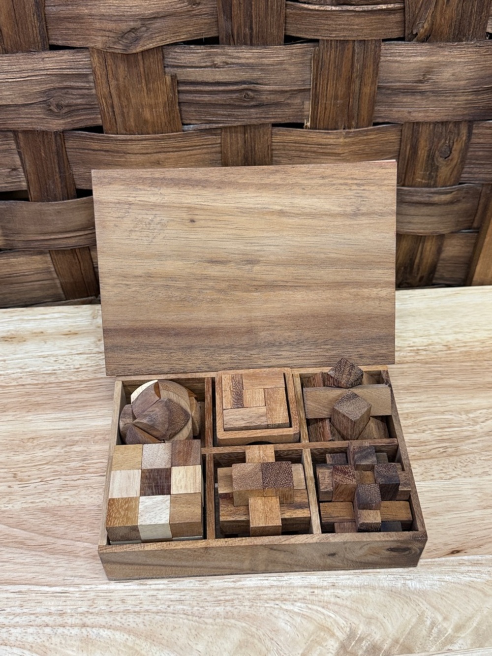 Wooden Puzzle Gift Box - Set of Six Interlocking Brain Teasers - Natural Brown
